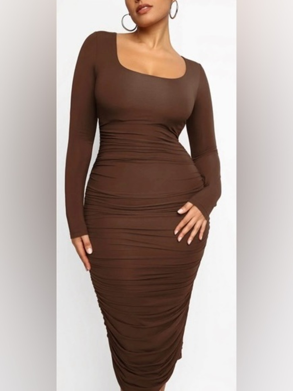 NWT Shapellx Scoop Neck Brown Long Sleeve Ruched Body-con Midi Dress
